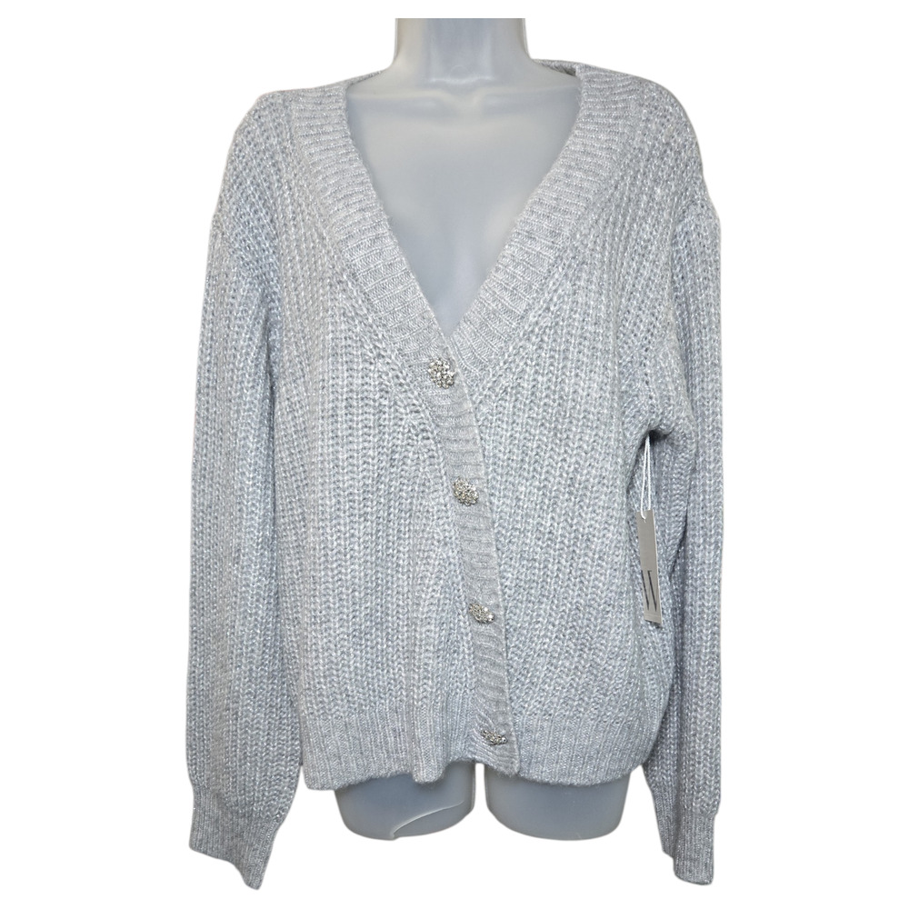 Worthington Wom Petite Large NWT Gray Chunky Knit Cardigan Sweater Jewel Buttons